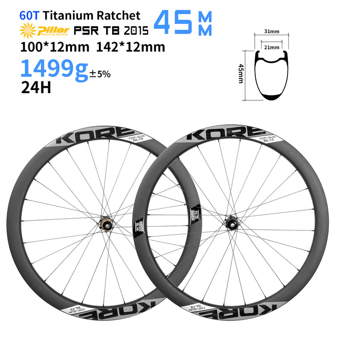 KORE TOP 45mm Ultra-Light Carbon Wheelset for Hybrid Road & Gravel Bikes, 1290g Disc Brake Wheels, HG/XDR Compatible